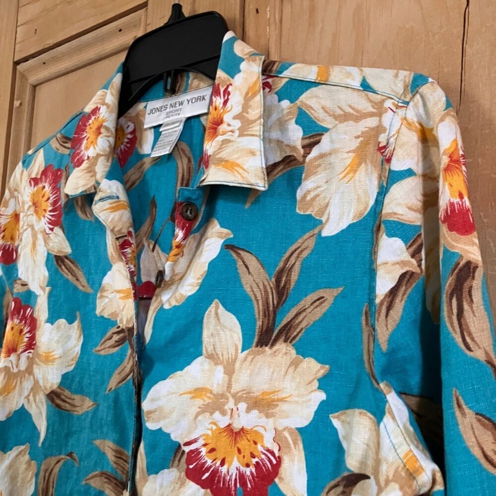 Jones New York Vintage 90s Floral Linen Hawaiian Shirt Small Petite Blue SP EXC - Picture 3 of 11